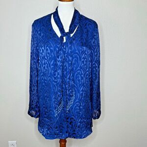 BOB MACKIE Wearable Art Blouse L Blue Silk Blend Burnout Velvet Top Beaded Scarf